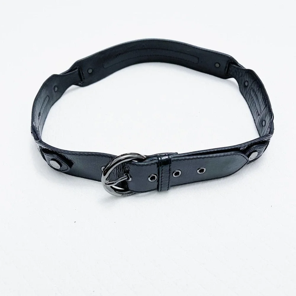 Moschino Patent Leather Belt Silver Button Accents SZ42